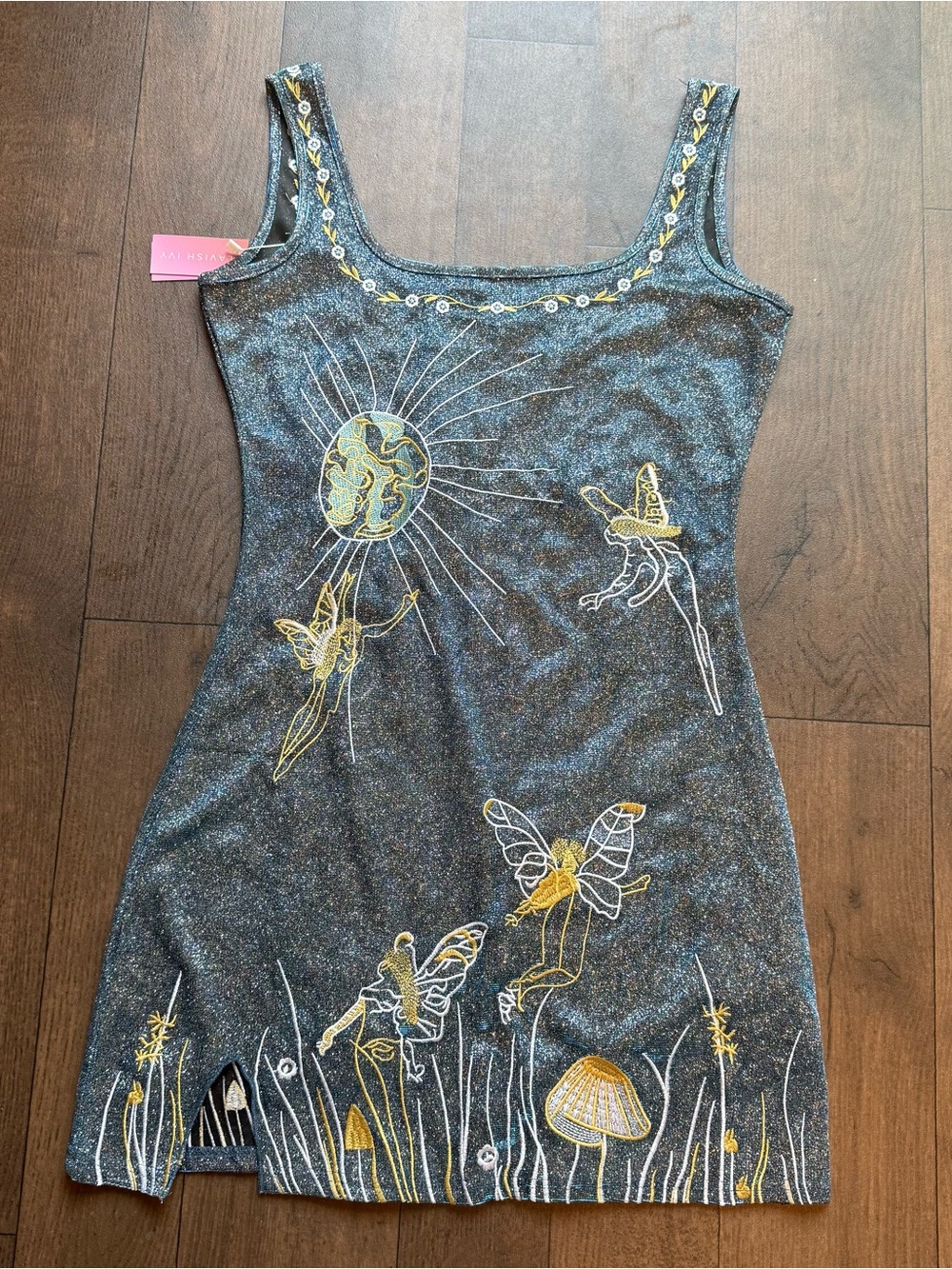 NWT  Sparkly Blue Dress Medium Celestial Fairy Mushrooms Tinkerbell Embroidered